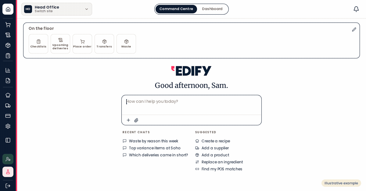 Screen recording: asking Ask Edify "Which site's gross margin dropped most this week?" and getting an answer with a simple chart